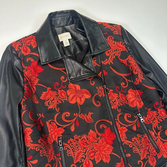 Chico’s Faux Black Leather and Tapestry Motorcycle Jacket - Picture 2 of 9